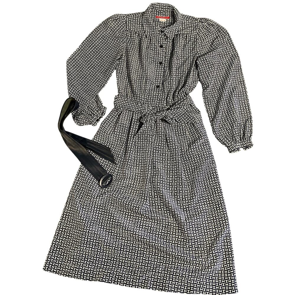 Vintage Halston III Signature 4 Dress 2 Belts Pockets Button Up Collar Elastic
